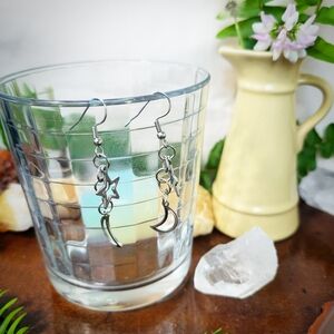 Silver Star & Moon Earrings - Stainless Steel - Handmade